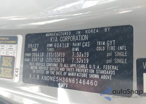 2022 Kia Carnival Mpv Sx Prestige from USA, damaged, VIN KNDNE5H36N6146460